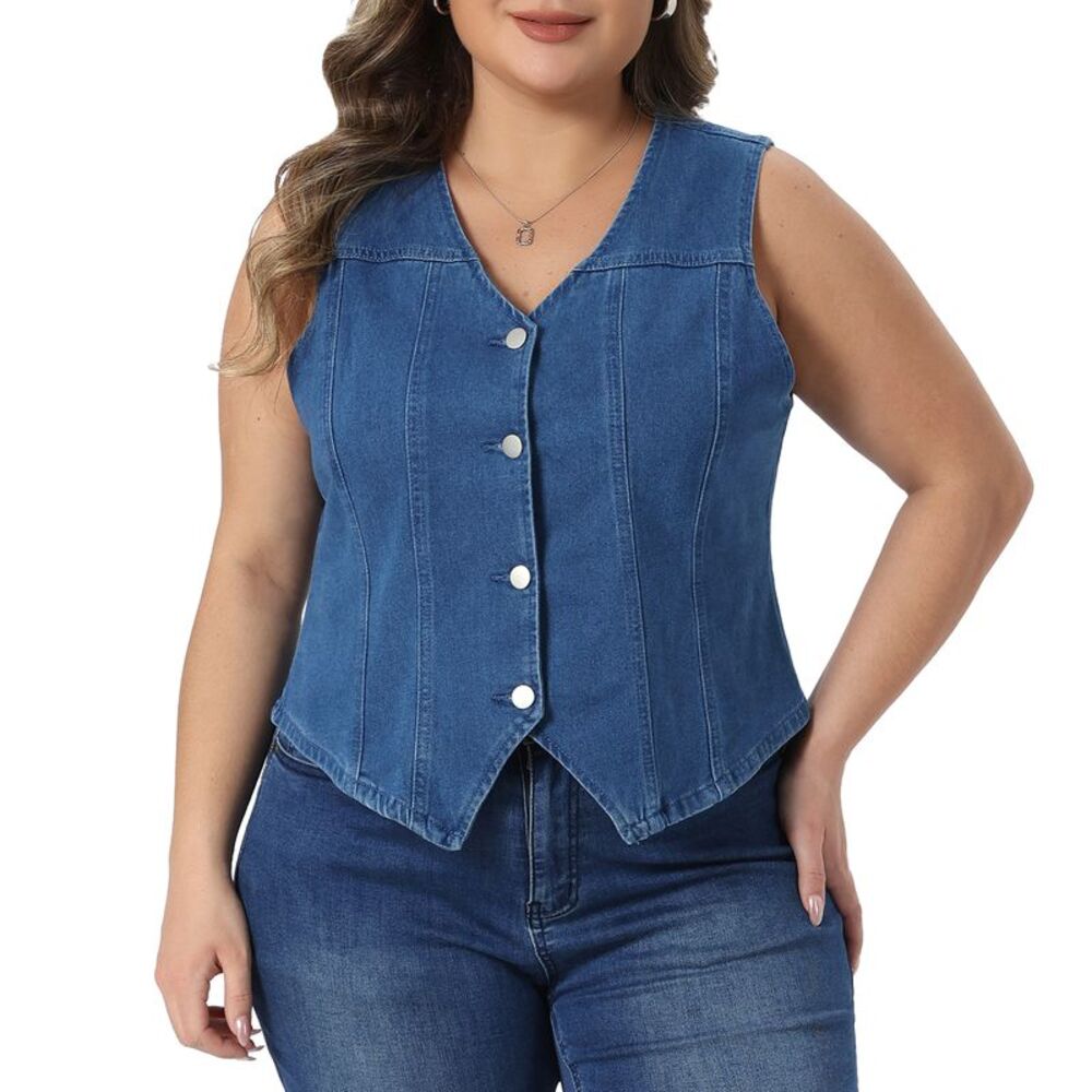 Women Plus Size Denim Vest Button Sleeveless Waistcoat Vests Blue